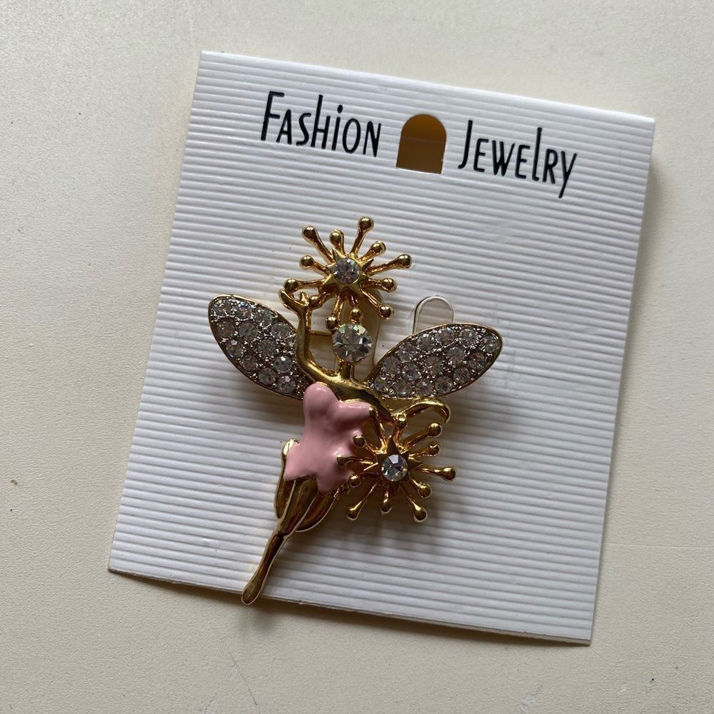 Vintage Fairy Brooch Gold Pink Sparkling Pixie Fantasy Pin Whimsical Jewelry